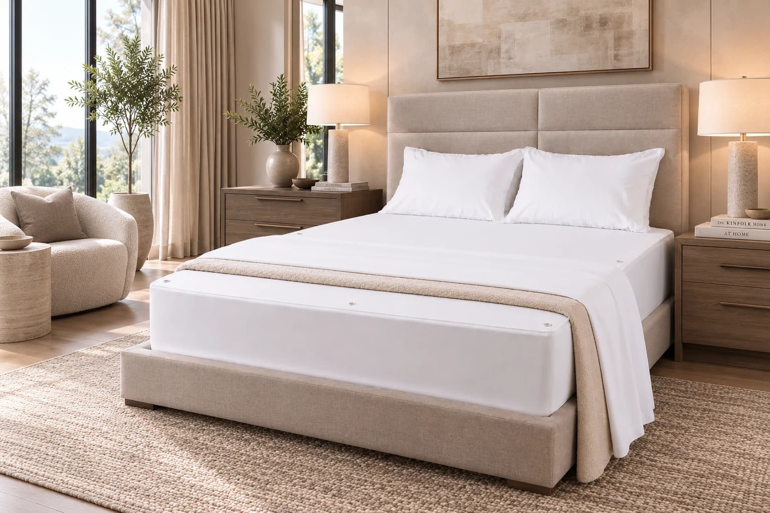 A made bed with the BackEasy top sheet snapped along the mattress edge, in a sunlit bedroom